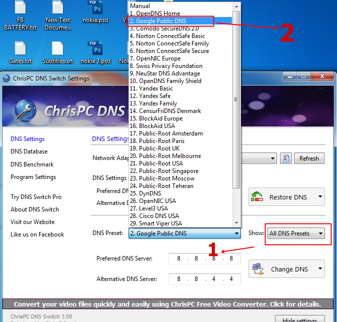 تغییر DNS توسط نرم افزار Chris-PC DNS switch
