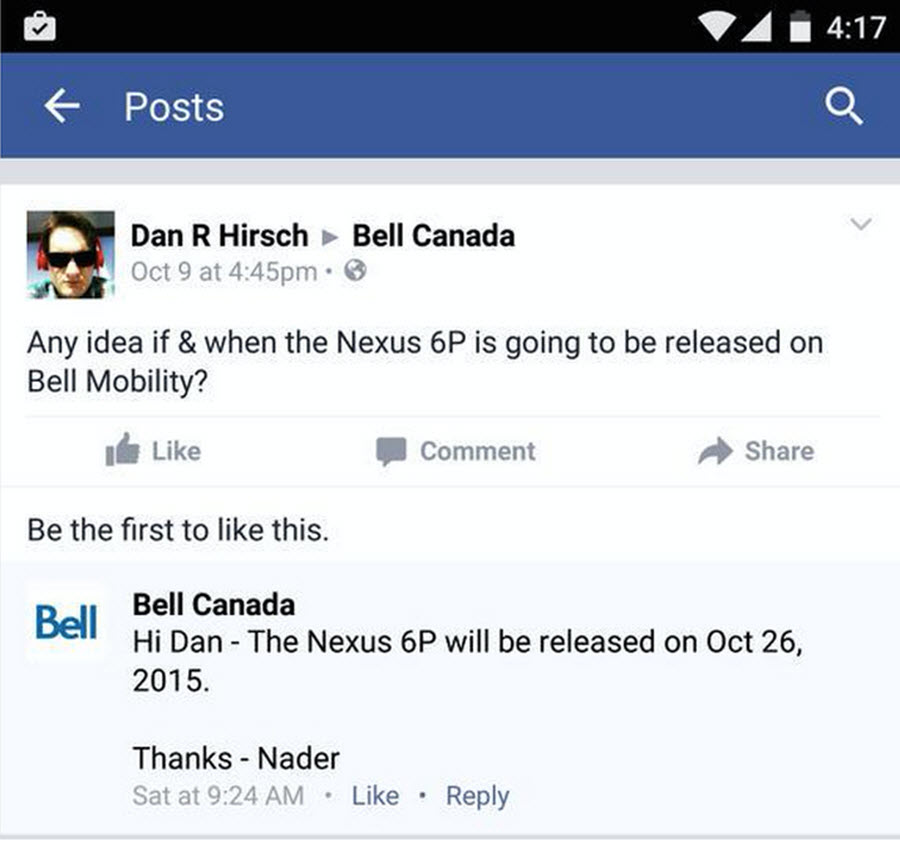 Nexus 6P Availability on Bell