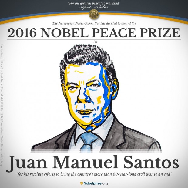 جایزه صلح نوبل 2016 به خوزه مانوئل سانتوس، رئیس جمهور کلمبیا رسید